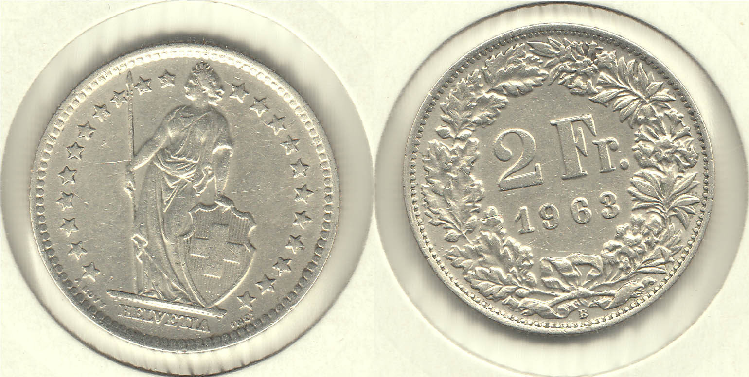 SUIZA - SWITZERLAND. 2 FRANCOS (FRANCS) DE 1963. PLATA 0.835.