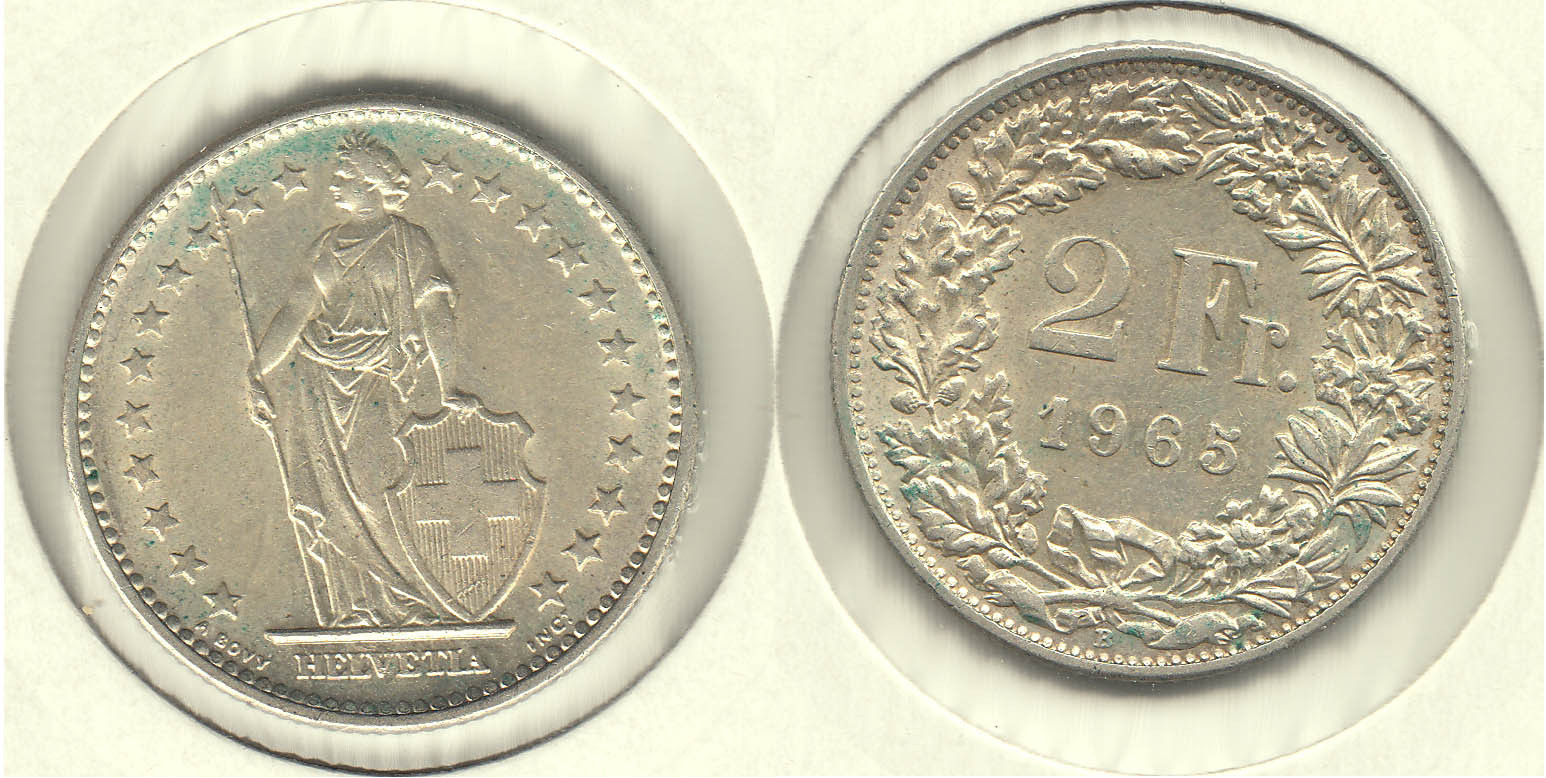 SUIZA - SWITZERLAND. 2 FRANCOS (FRANCS) DE 1965. PLATA 0.835.