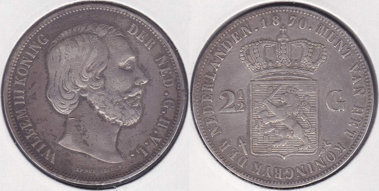 HOLANDA - NETHERLAND. 2 1/2 GULDEN DE 1870. PLATA 0.945.