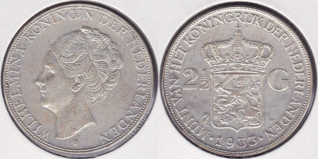 HOLANDA - NETHERLAND. 2 1/2 GULDEN DE 1933. PLATA 0.720.