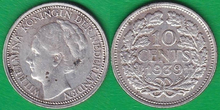 HOLANDA - NETHERLAND. 10 CENTIMOS (CENTS) DE 1939. PLATA 0.640.