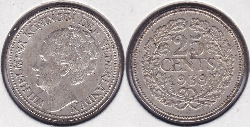 HOLANDA - NETHERLAND. 25 CENTIMOS (CENTS) DE 1939. PLATA 0.640.
