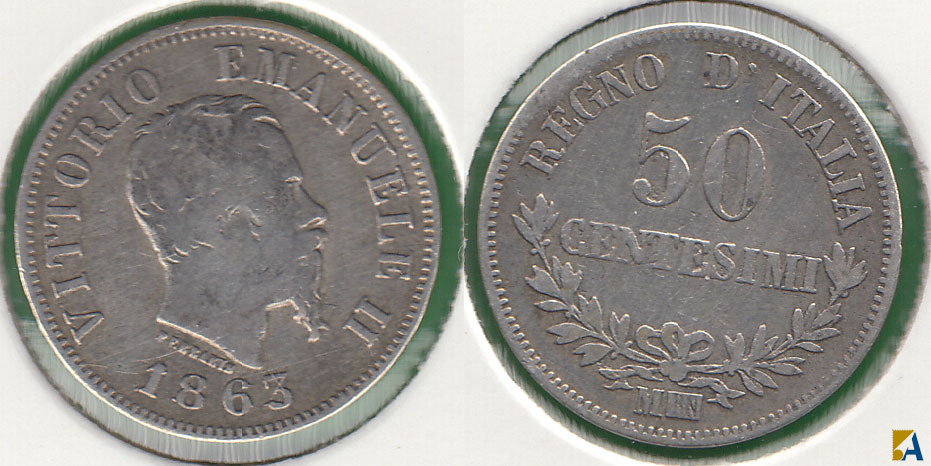 ITALIA. 50 CENTESIMI DE 1863 MBN. PLATA 0.835. (2)
