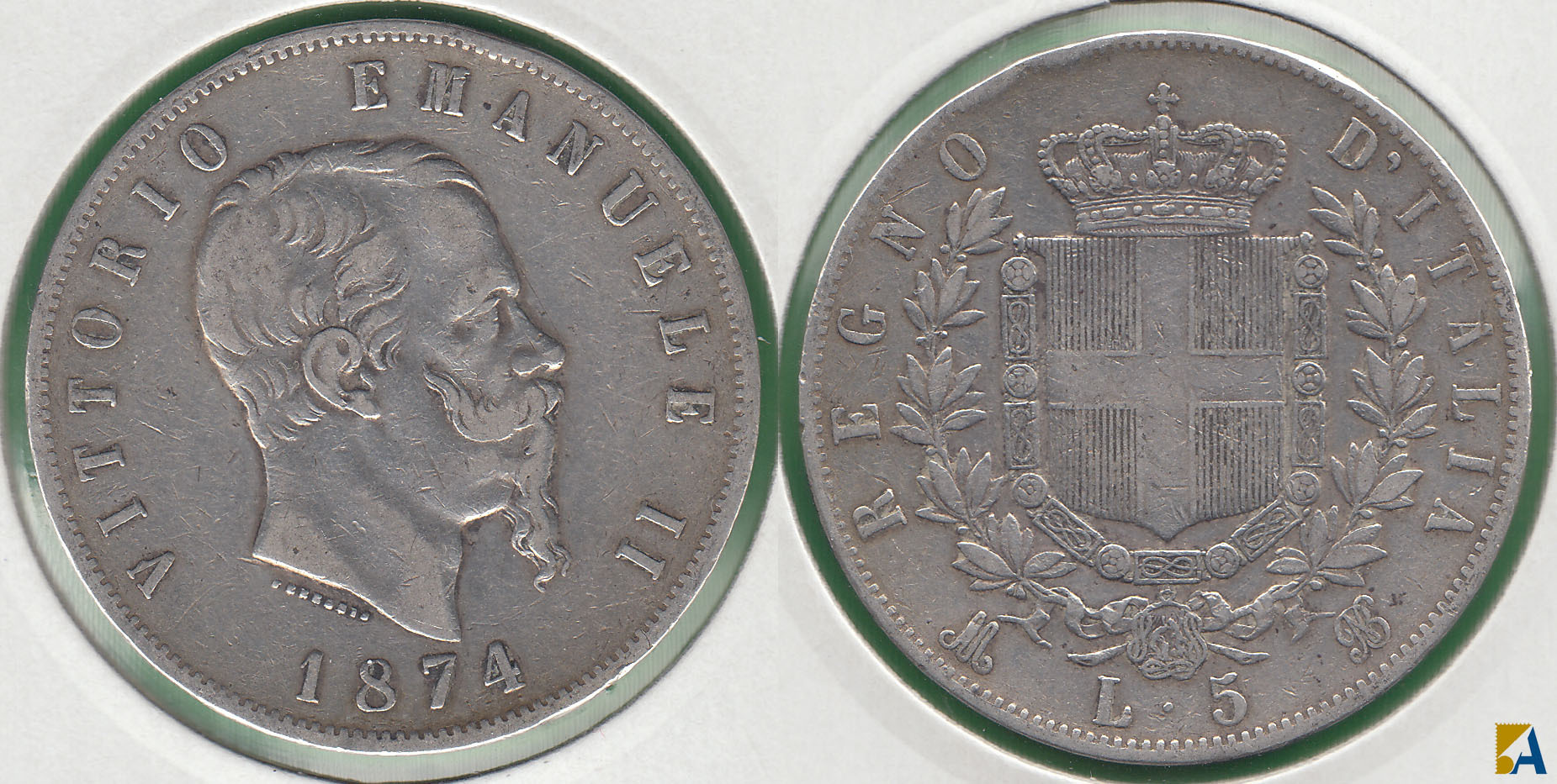ITALIA. 5 LIRAS (LIRE) DE 1874 MBN. PLATA 0.900.