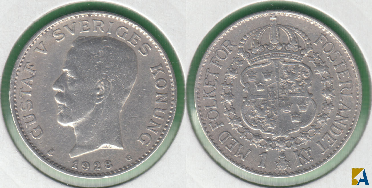 SUECIA - SWEDEN. 1 KRONA DE 1928. PLATA 0.800.