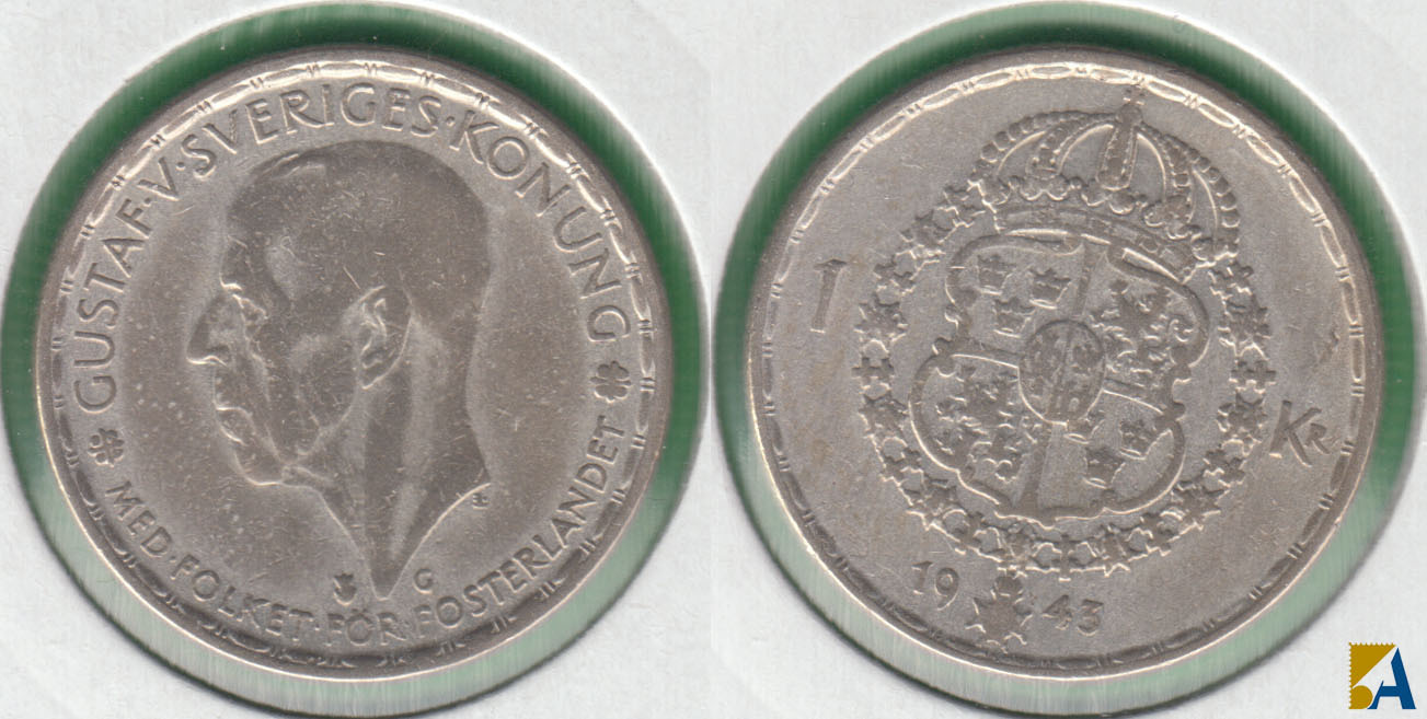 SUECIA - SWEDEN. 1 KRONA DE 1943. PLATA 0.400.