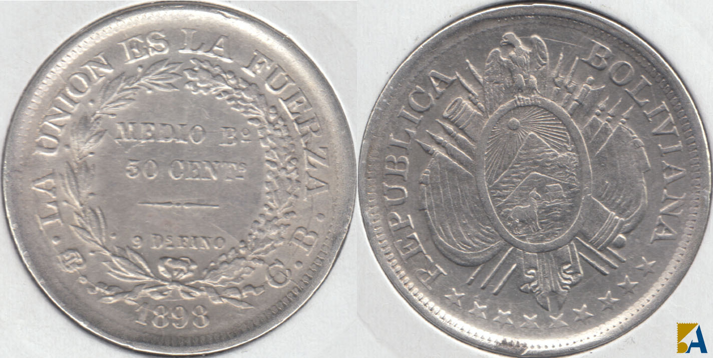 BOLIVIA. 50 CENTAVOS DE 1898. PLATA 0.900.