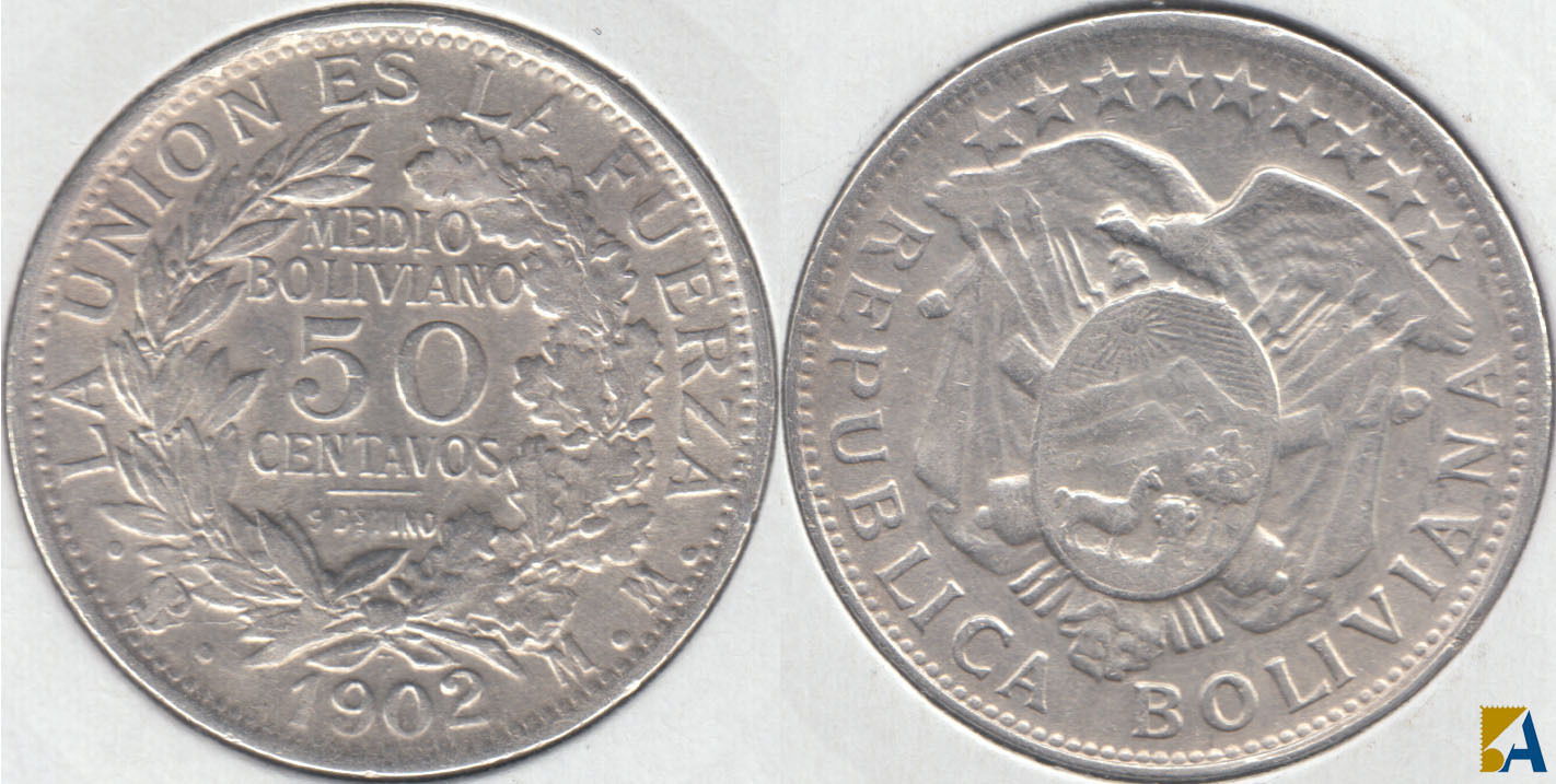 BOLIVIA. 50 CENTAVOS DE 1902. PLATA 0.900.