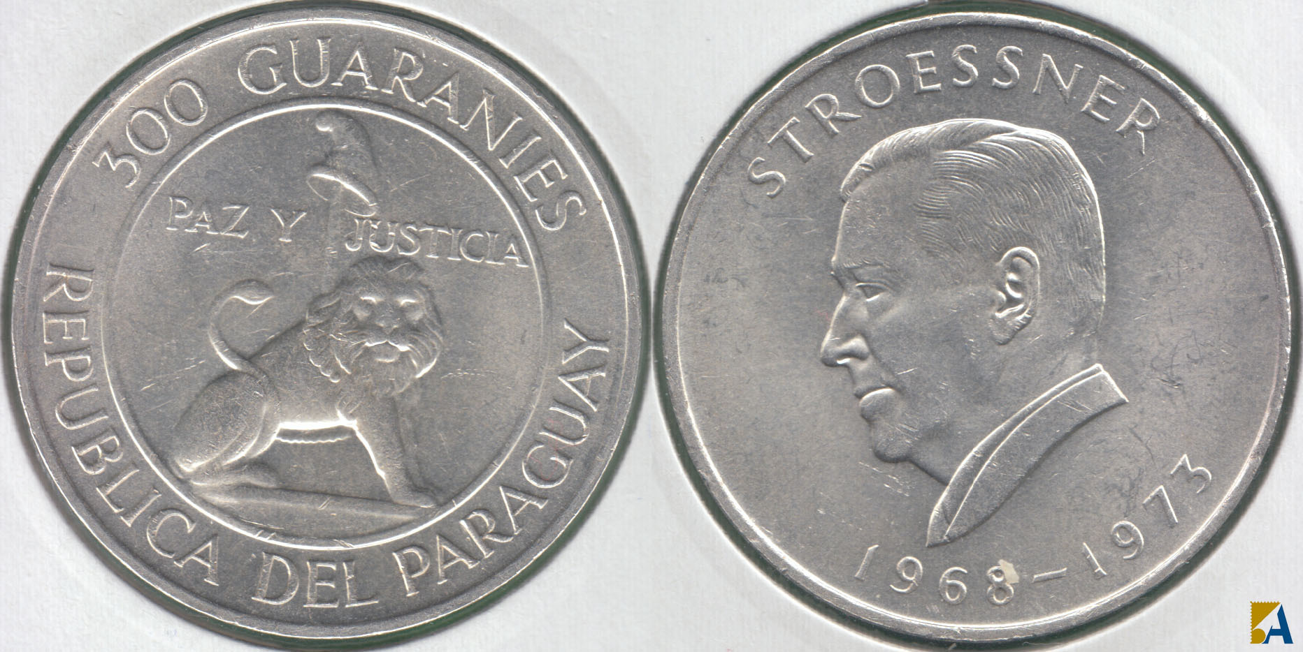 PARAGUAY. 300 GUARANIES DE 1968. PLATA 0.720. (2)