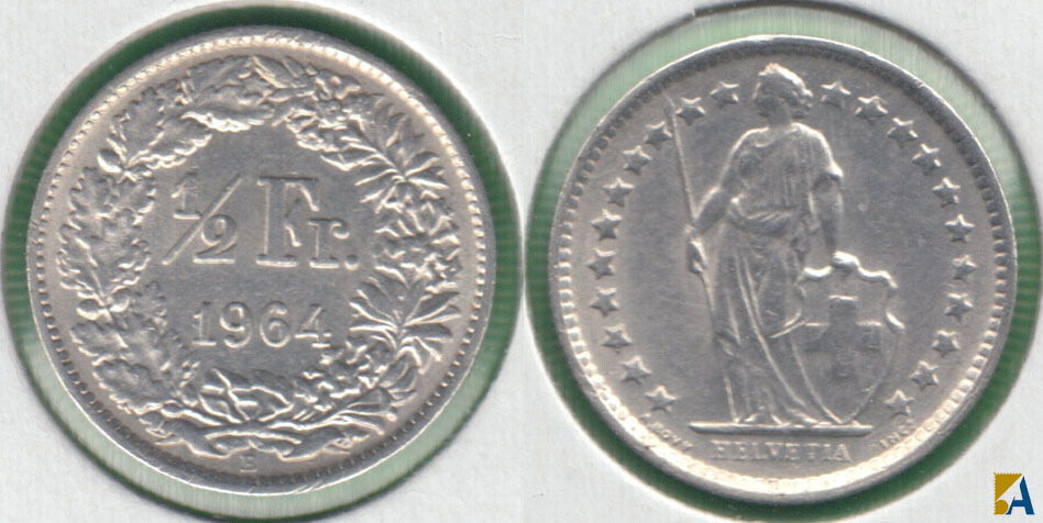 SUIZA - SWITZERLAND. 1/2 FRANCO (FRANC) DE 1964 B. PLATA 0.835.
