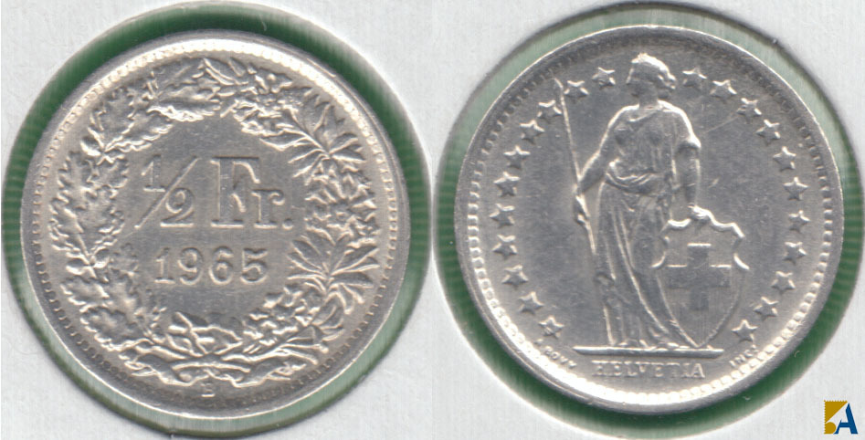 SUIZA - SWITZERLAND. 1/2 FRANCO (FRANC) DE 1965 B. PLATA 0.835.
