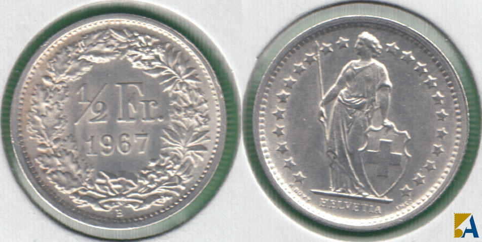 SUIZA - SWITZERLAND. 1/2 FRANCO (FRANC) DE 1967 B. PLATA 0.835.
