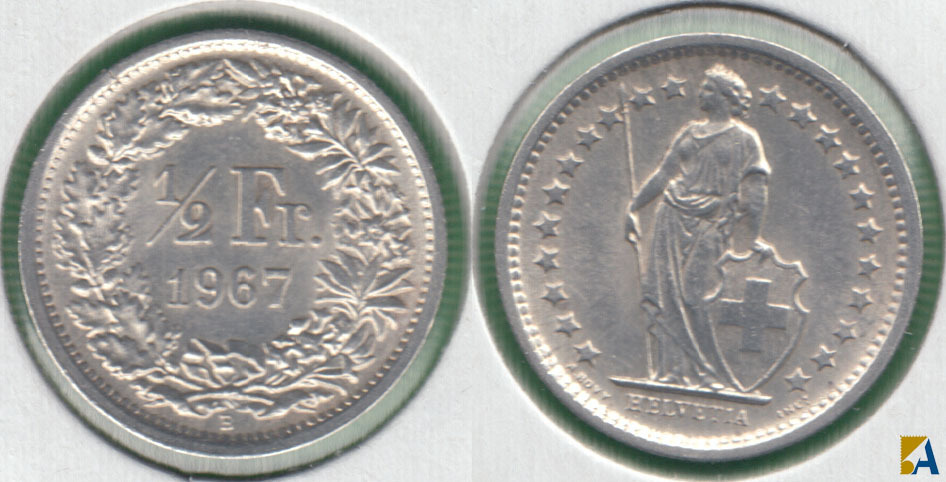 SUIZA - SWITZERLAND. 1/2 FRANCO (FRANC) DE 1967 B. PLATA 0.835. (2)