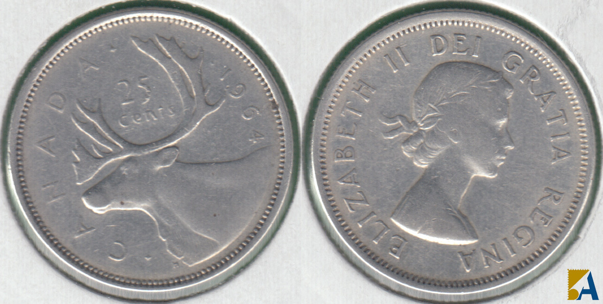CANADA. 25 CENTAVOS (CENTS) DE 1964. PLATA 0.800.