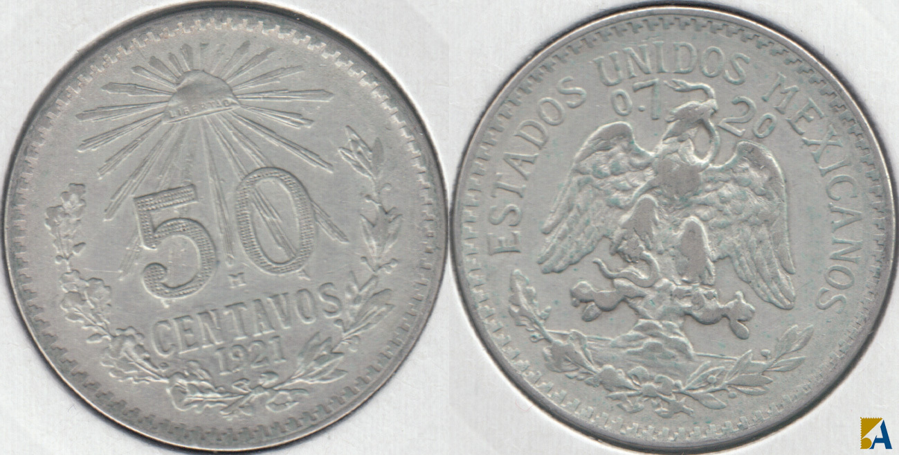 MEJICO - MEXICO. 50 CENTAVOS DE 1921. PLATA 0.720. (2)