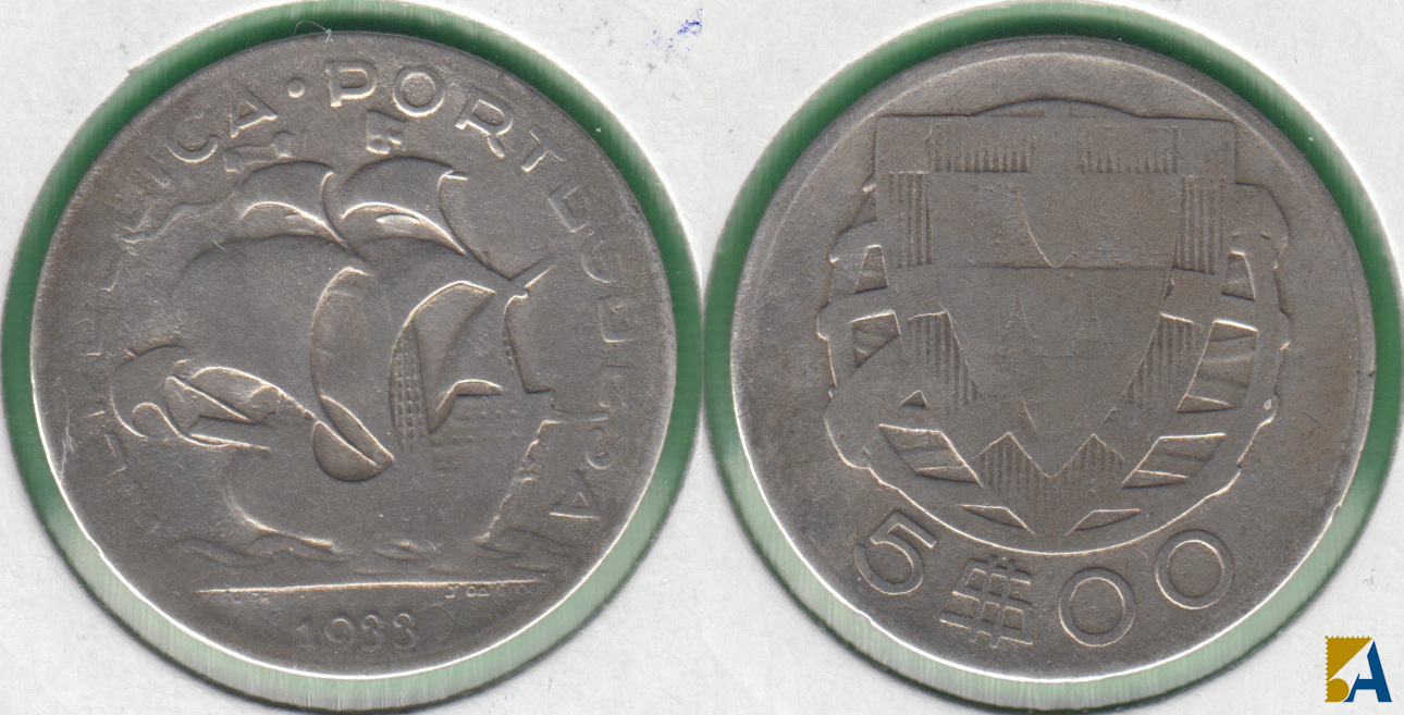 PORTUGAL. 5 ESCUDOS DE 1933. PLATA 0.650.