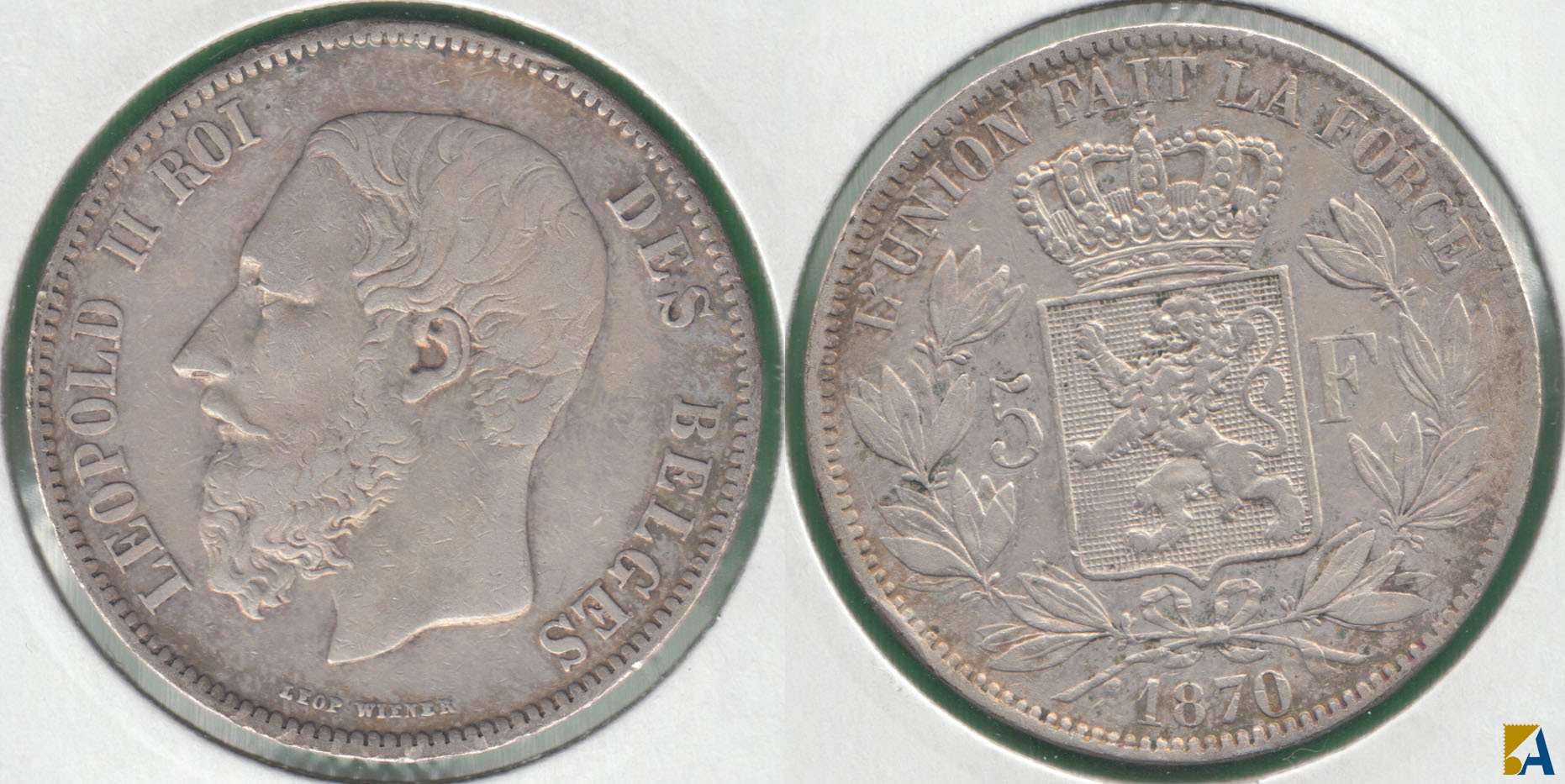 BELGICA - BELGIUM. 5 FRANCOS (FRANCS) DE 1870. PLATA 0.900.