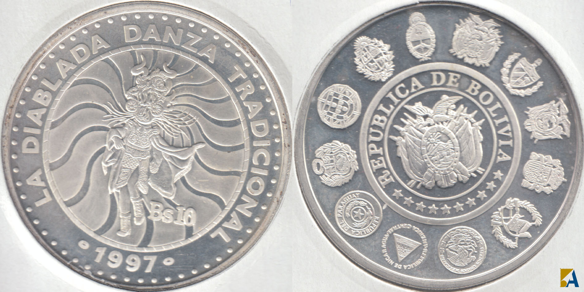 BOLIVIA. 10 BOLIVIANOS DE 1997 PROOF. PLATA 0.925.