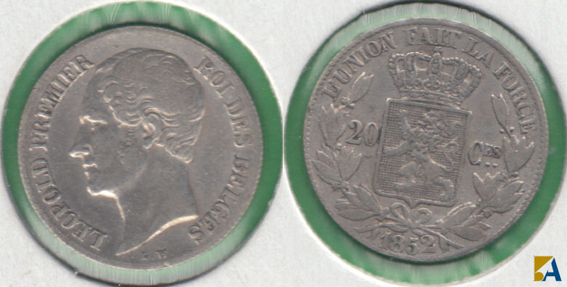 BELGICA - BELGIUM. 20 CENTIMOS (CENTIMES) DE 1852. PLATA 0.900.