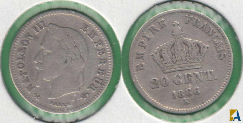 FRANCIA - FRANCE. 20 CENTIMOS (CENTIMES) DE 1866 K. PLATA 0.835.