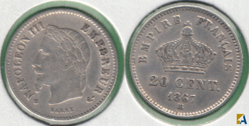 FRANCIA - FRANCE. 20 CENTIMOS (CENTIMES) DE 1867 BB. PLATA 0.835.