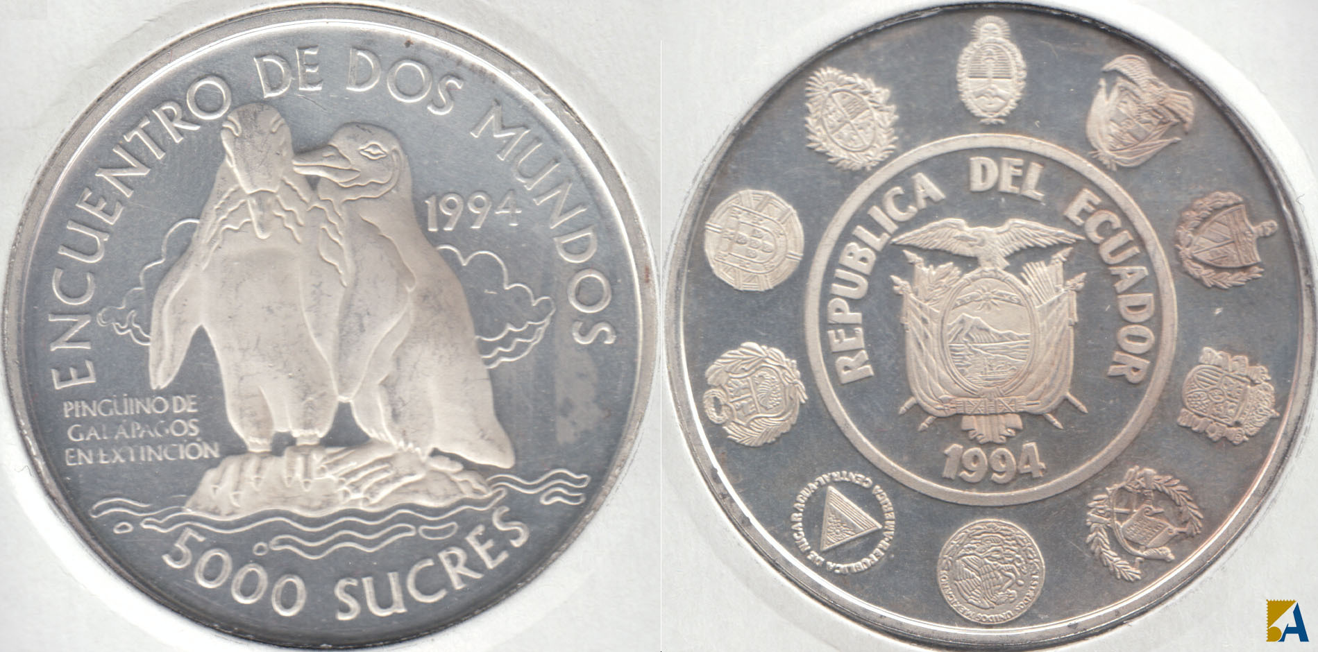 ECUADOR. 5000 SUCRES DE 1994 PROOF. PLATA 0.925.