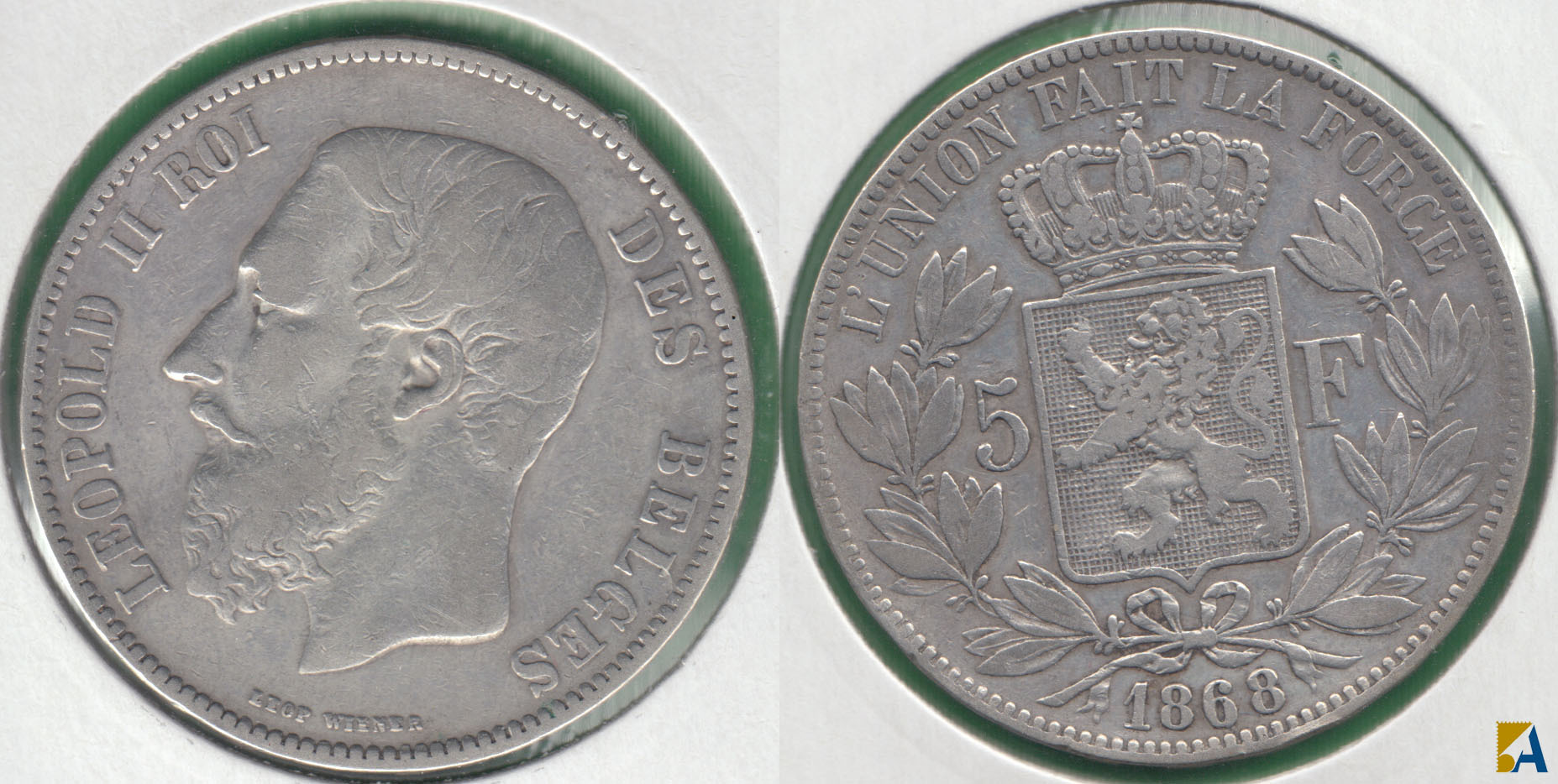 BELGICA - BELGIUM. 5 FRANCOS (FRANCS) DE 1868. PLATA 0.900. (4)
