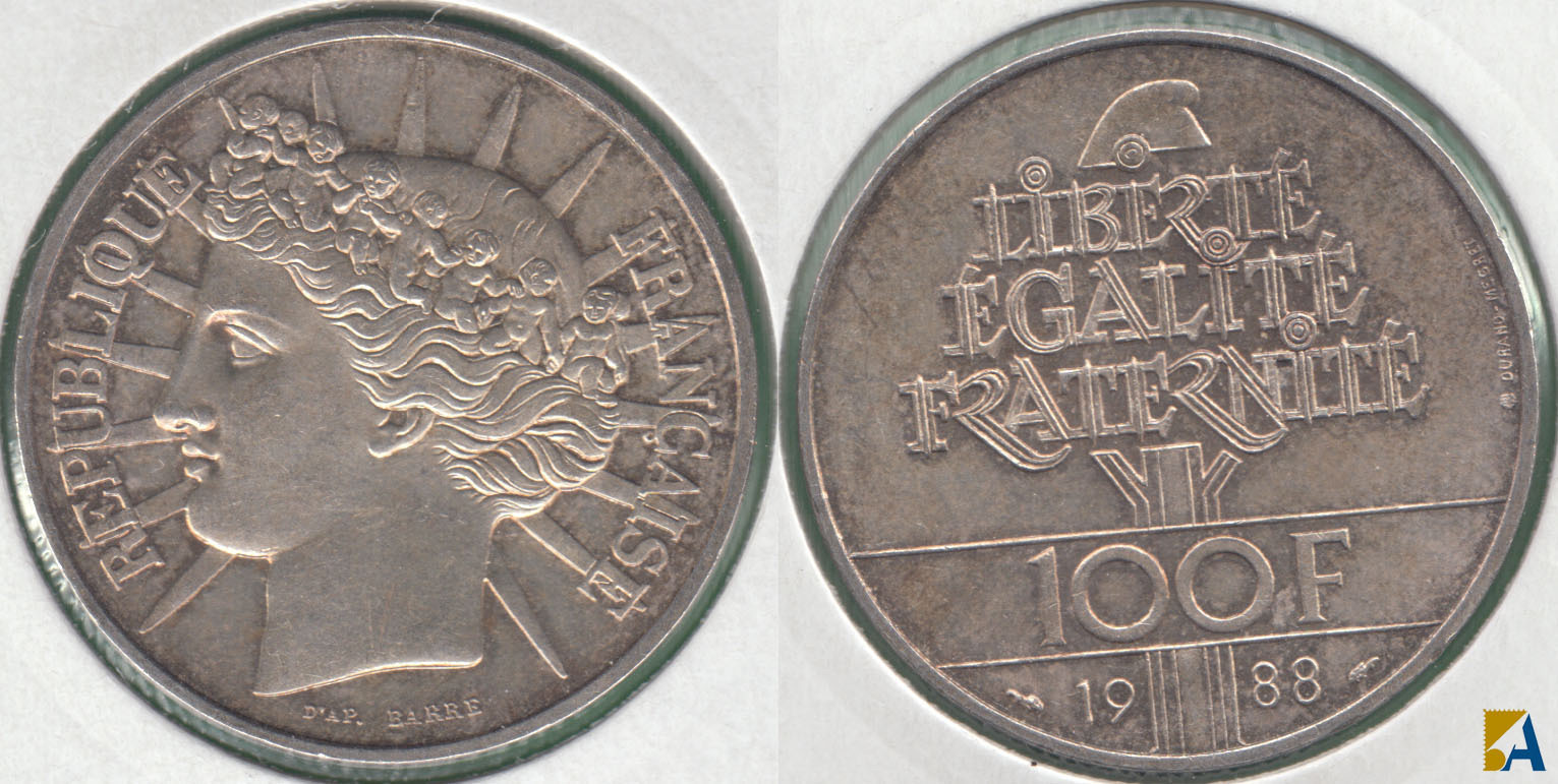 FRANCIA - FRANCE. 100 FRANCOS (FRANCS) DE 1988. PLATA 0.900. (2)