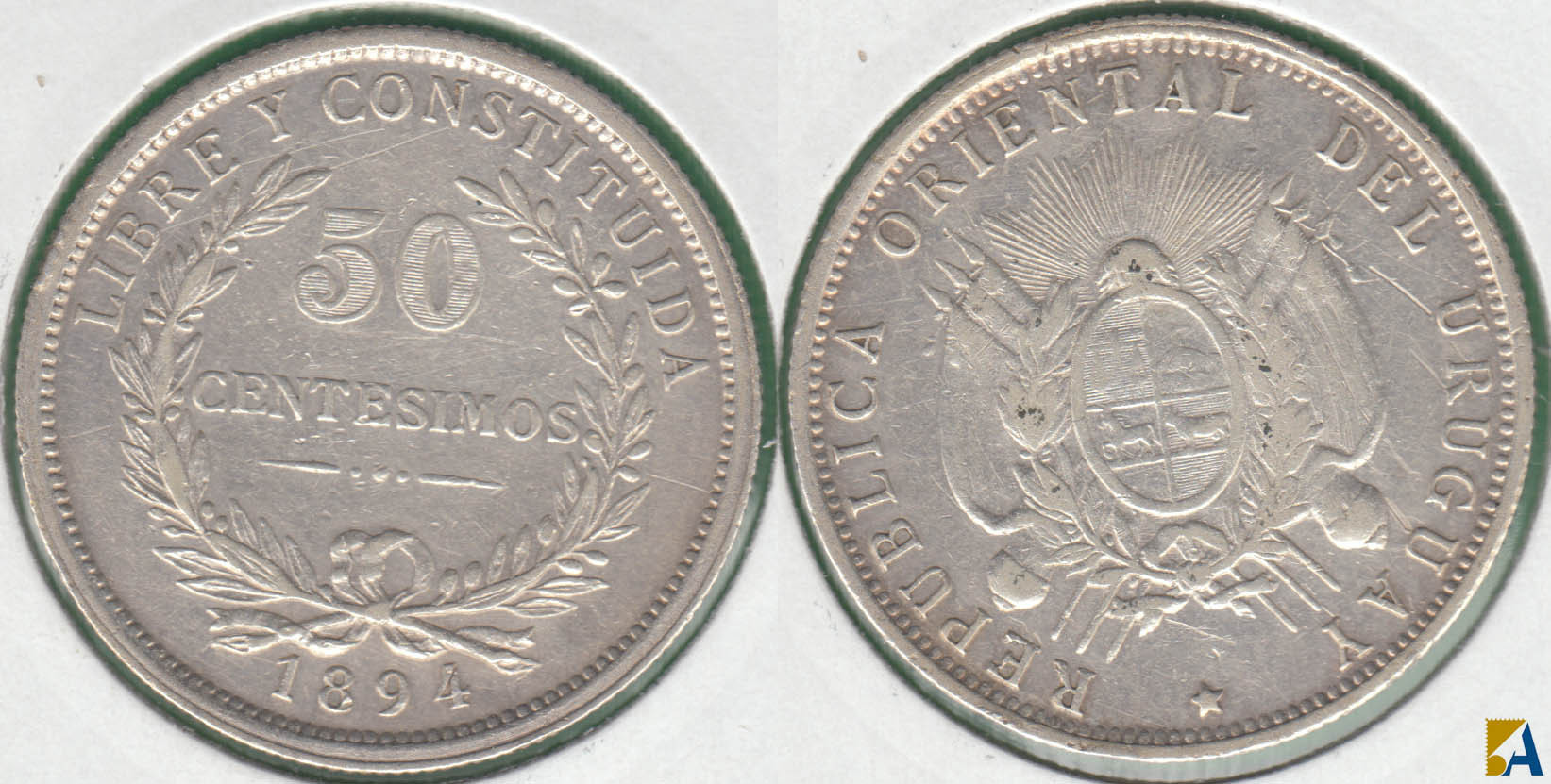 URUGUAY. 50 CENTESIMOS DE 1894. PLATA 0.900.