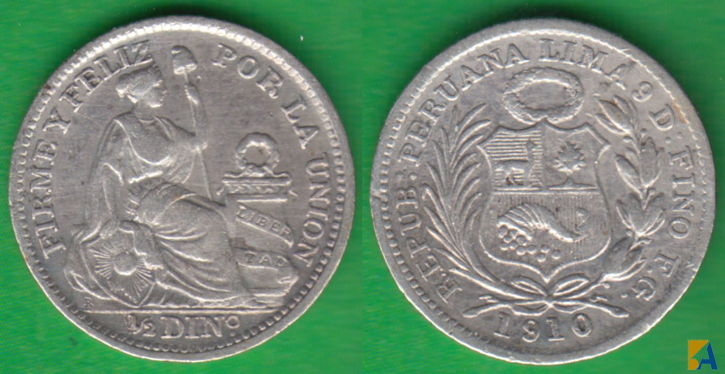 PERU. 1/2 DINERO DE 1910 FG. PLATA 0.900.