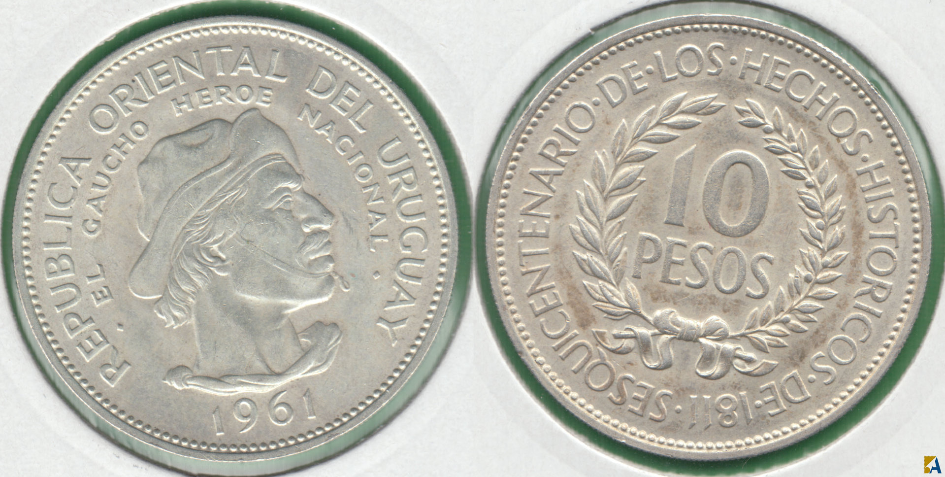 URUGUAY. 10 PESOS DE 1961. PLATA 0.900. (3)