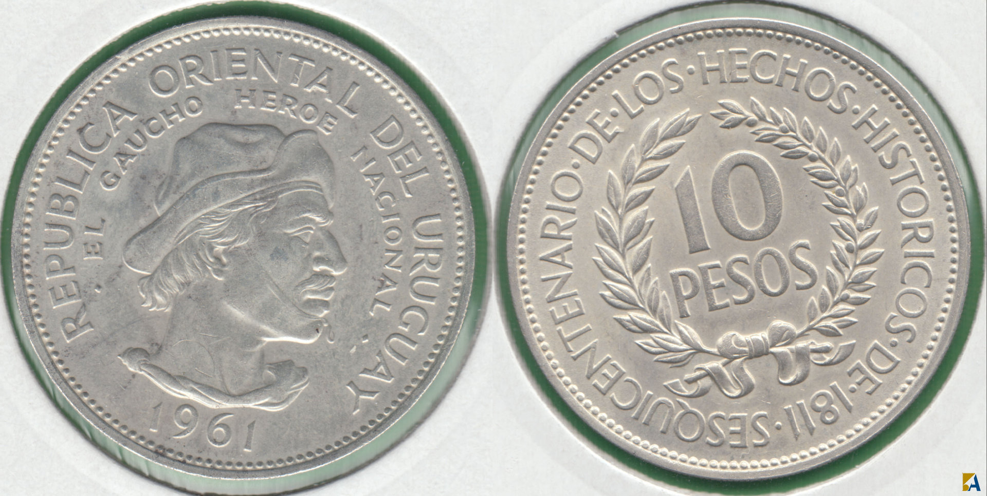 URUGUAY. 10 PESOS DE 1961. PLATA 0.900. (4)