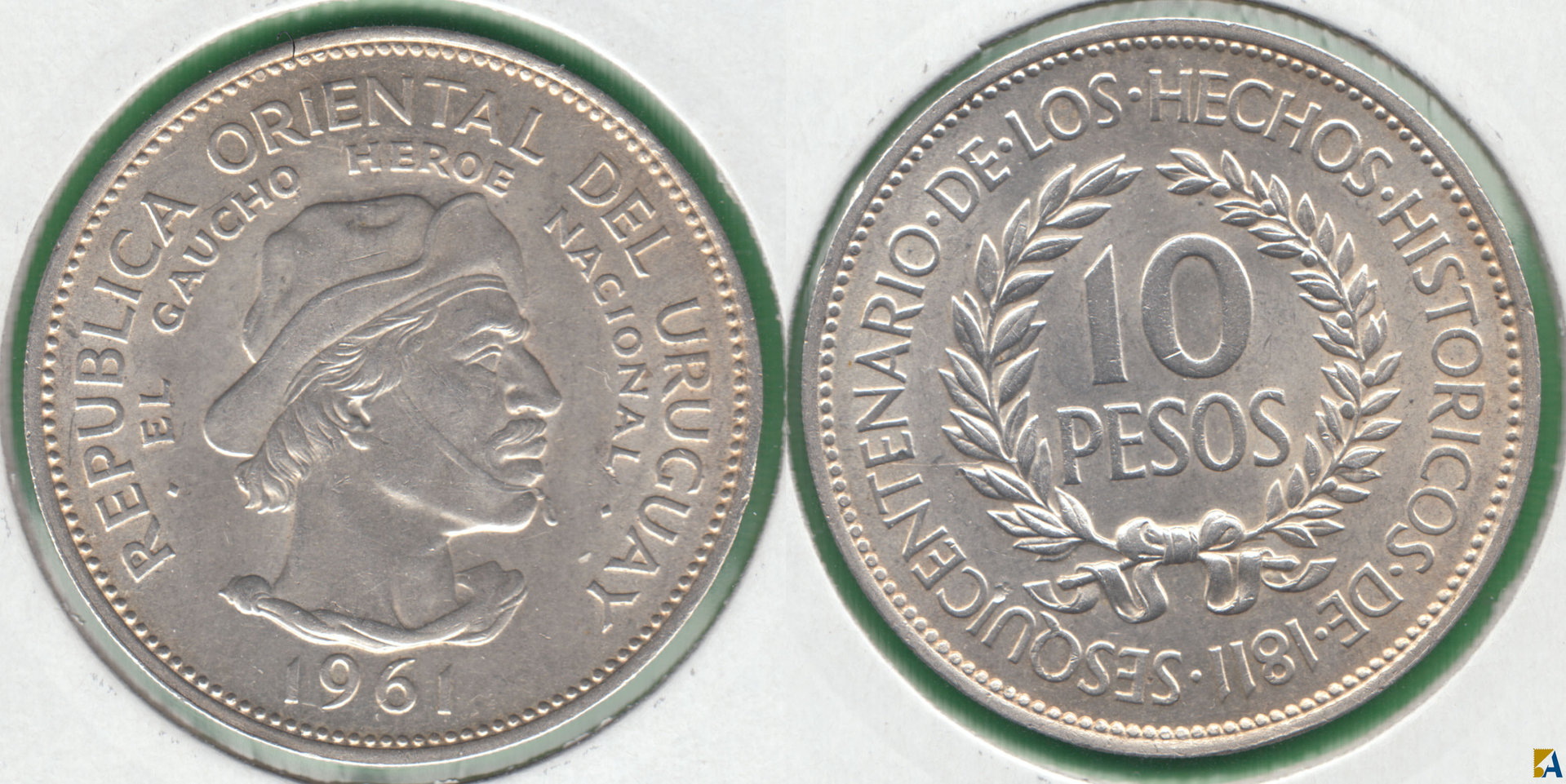 URUGUAY. 10 PESOS DE 1961. PLATA 0.900. (5)