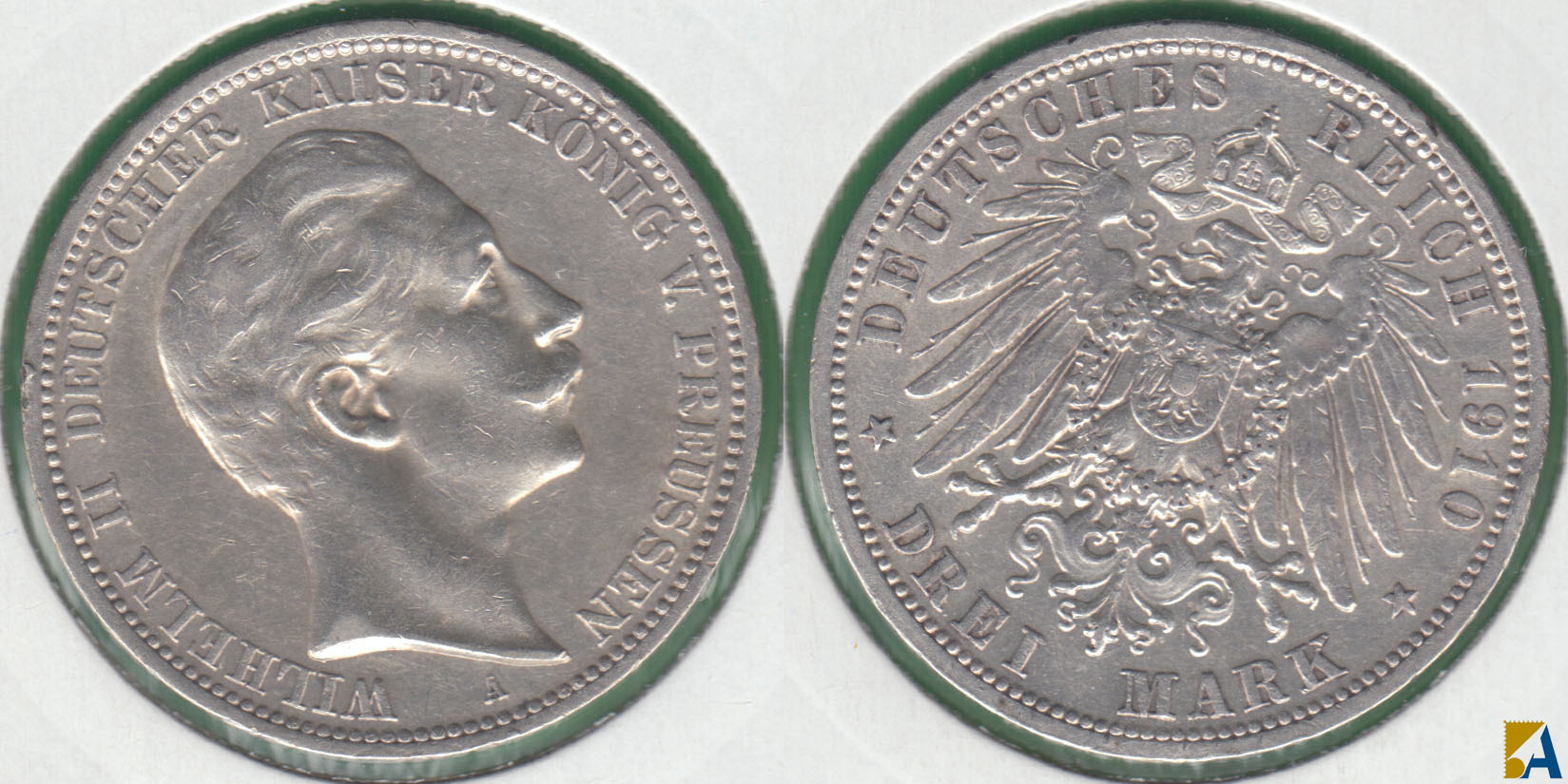 PRUSIA - PRUSSIA. 3 MARCOS (MARK) DE 1910 A. PLATA 0.900.