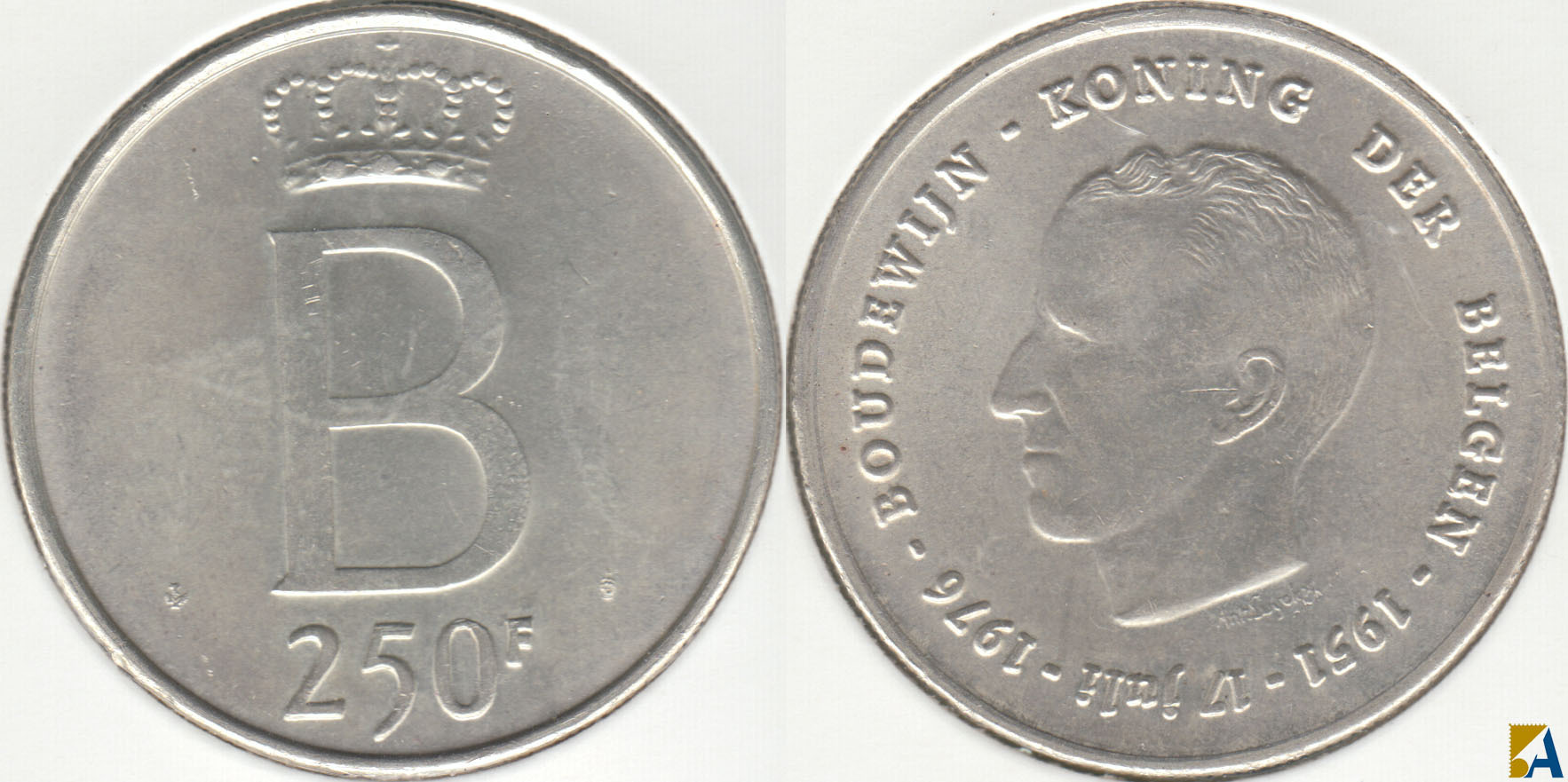BELGICA - BELGIUM. 250 FRANCOS (FRANCS) DE 1976. PLATA 0.835. (5)