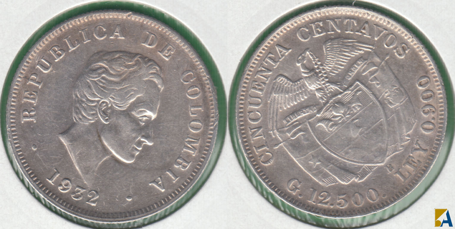 COLOMBIA. 50 CENTAVOS DE 1932 B. PLATA 0.900.