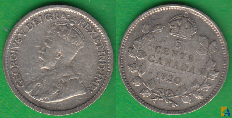 CANADA. 5 CENTAVOS (CENTS) DE 1920. PLATA 0.800. (2)