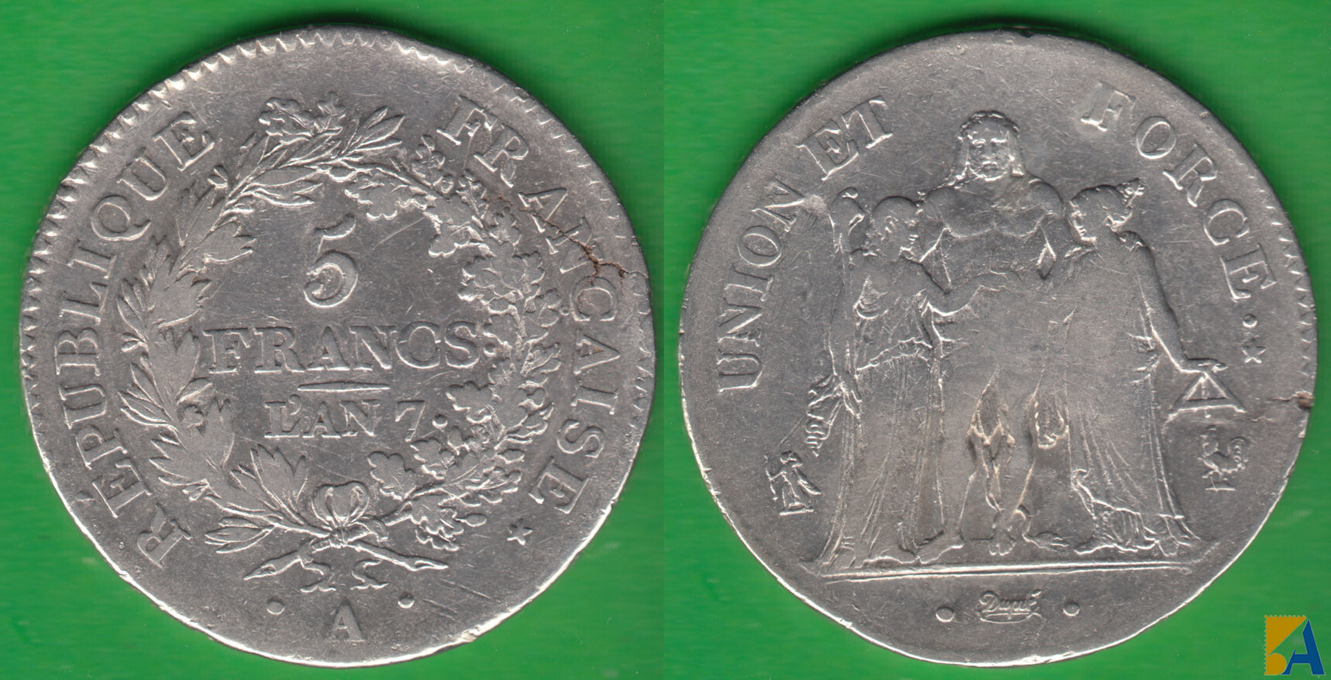 FRANCIA - FRANCE. 5 FRANCOS (FRANCS) DE 1798-99. AÑO 7. PLATA 0.900