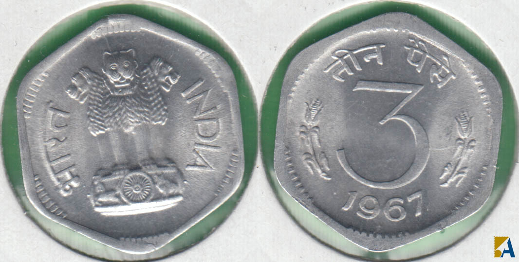 INDIA REPUBLICA - REPUBLIC. 3 PAISE DE 1967 TIPO II.