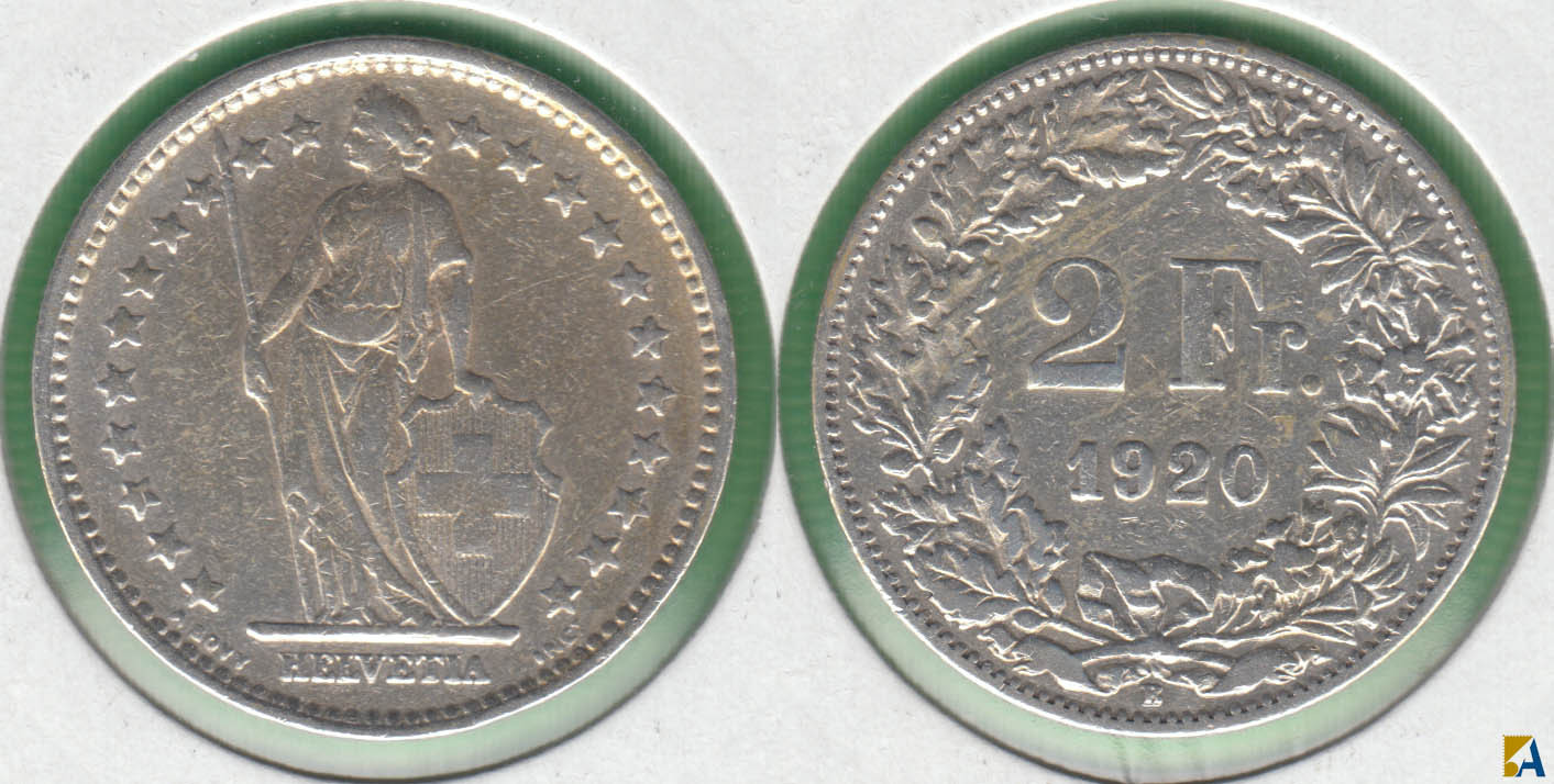 SUIZA - SWITZERLAND. 2 FRANCOS (FRANCS) DE 1920 B. PLATA 0.835.
