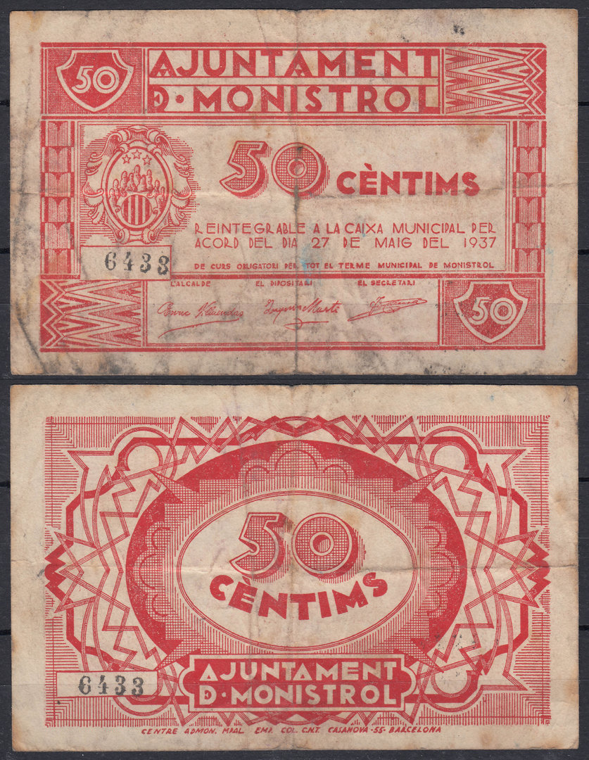 MONISTROL DE MONTSERRAT. 50 CÉNTIMOS DE 1937. CIRCULADO.