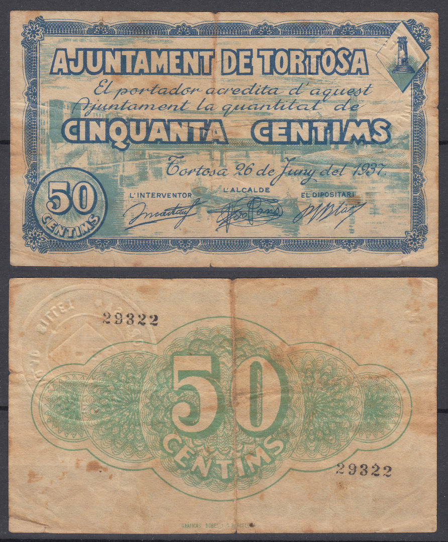 TORTOSA. 50 CENTIMOS DE 1937. CIRCULADO.
