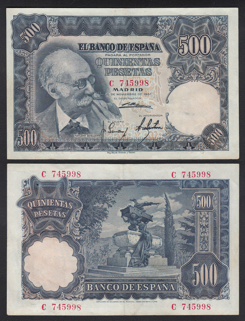 ESPAÑA. 500 PESETAS DE 1951. 15 DE NOVIEMBRE. SERIE C. (2)