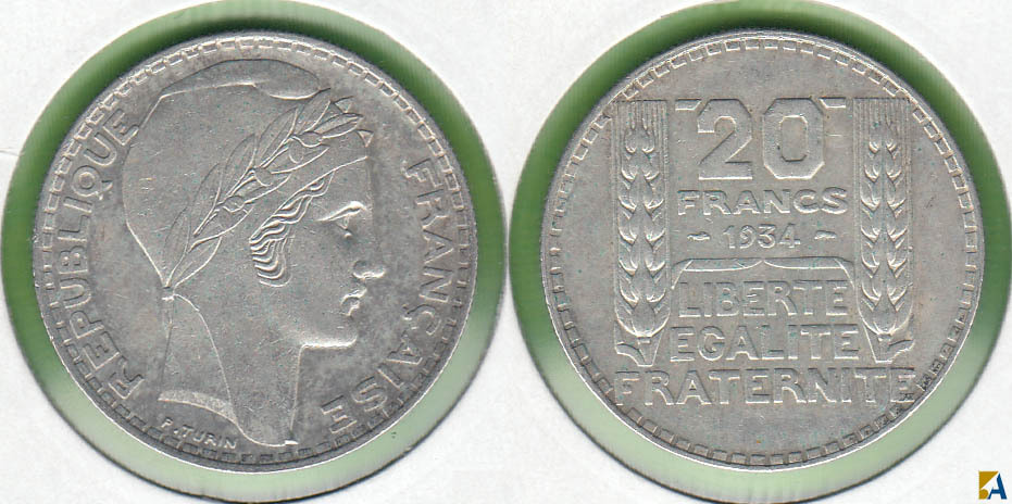 FRANCIA - FRANCE. 20 FRANCOS (FRANCS) DE 1934. PLATA 0.680.