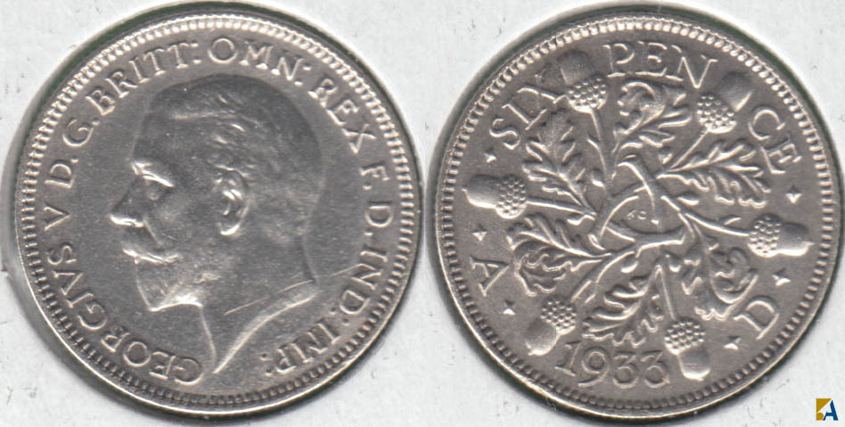 GRAN BRETAÑA - GREAT BRITAIN. 6 PENIQUES (PENCE) DE 1933. PLATA 0.500.