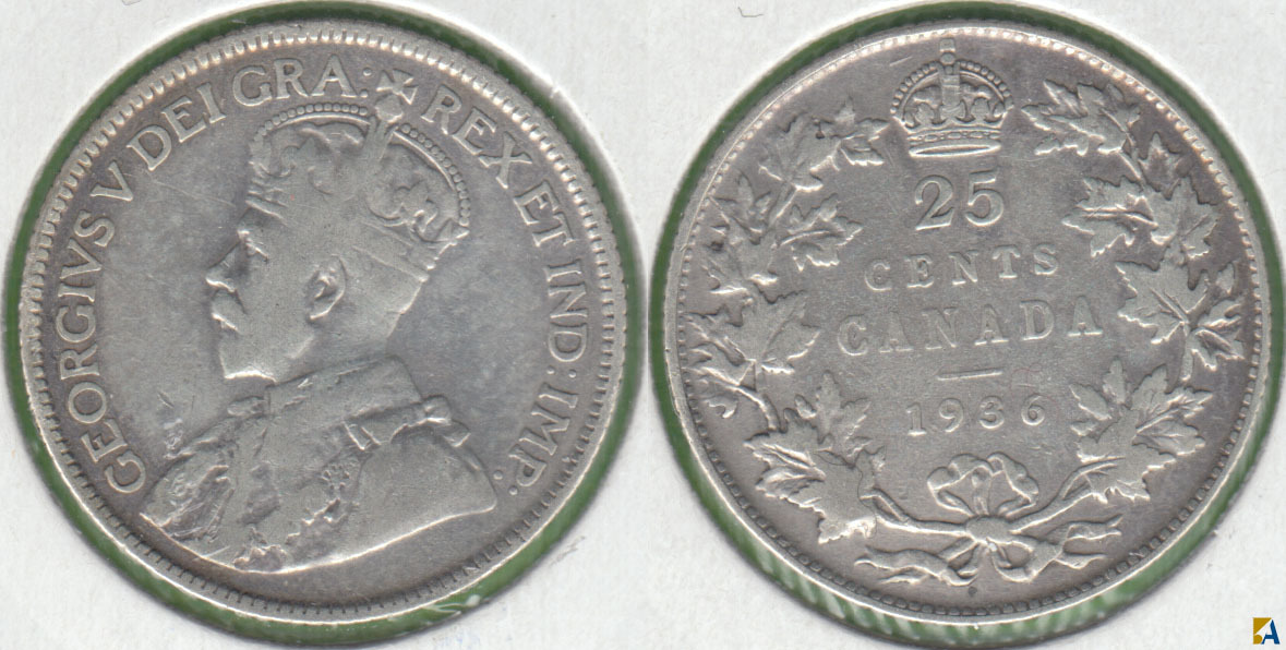 CANADA. 25 CENTAVOS (CENTS) DE 1936. PLATA 0.800.