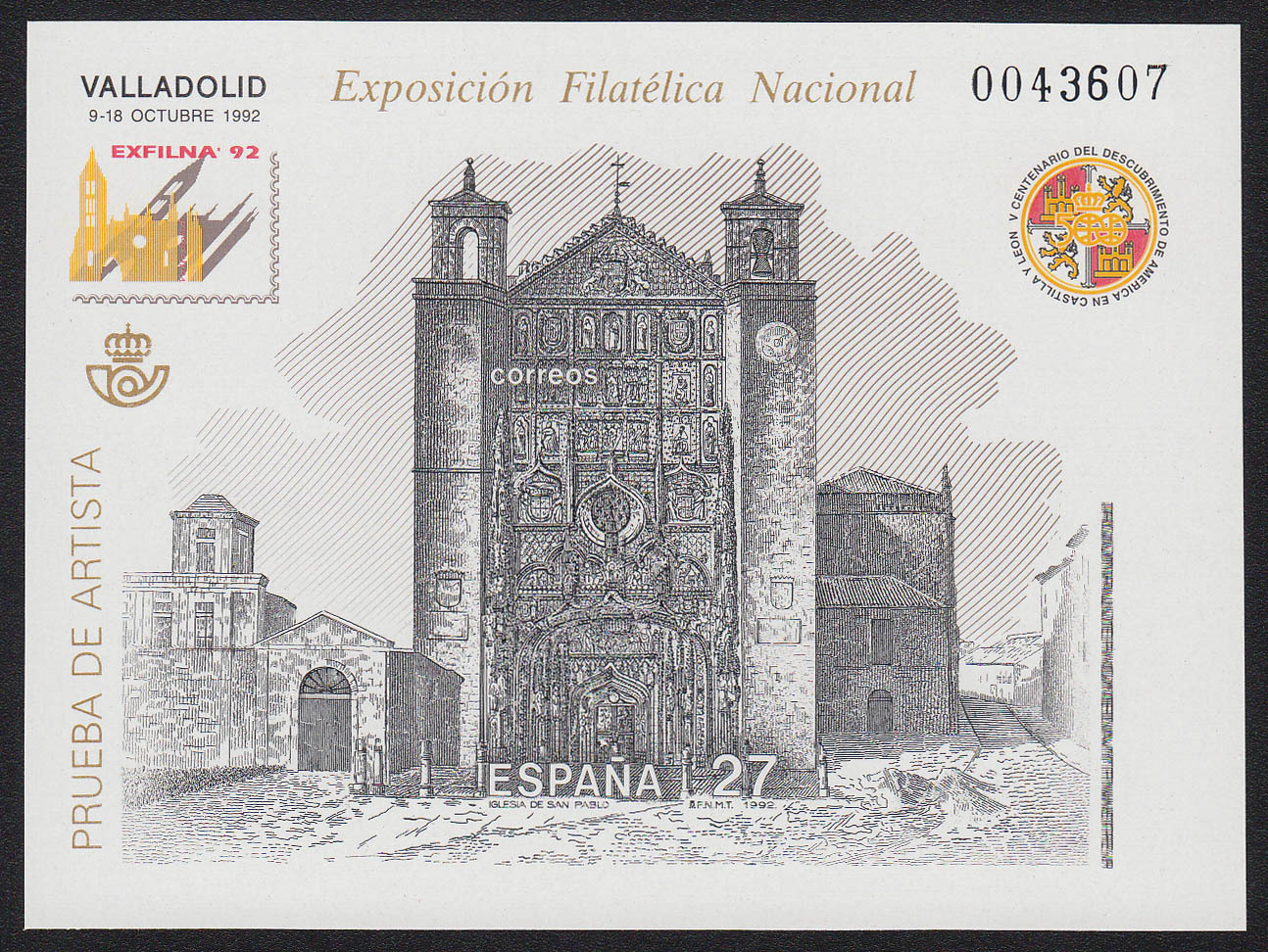 EDIFIL. PRUEBA OFICIAL Nº 27. EXPOSICION FILATELICA NACIONAL EXFILNA'92