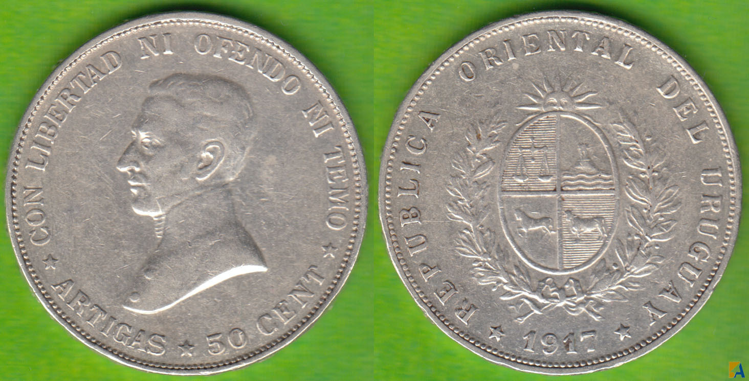 URUGUAY. 50 CENTESIMOS DE 1917. PLATA 0.900.