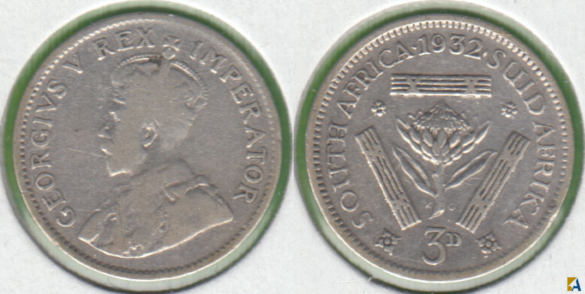 SUDAFRICA - SOUTH AFRICA. 3 PENIQUES (PENCE) DE 1932. PLATA 0.800.