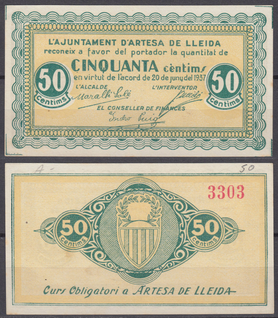 ARTESA DE LLEIDA. 50 CÈNTIMS DE 1937. (S/C)